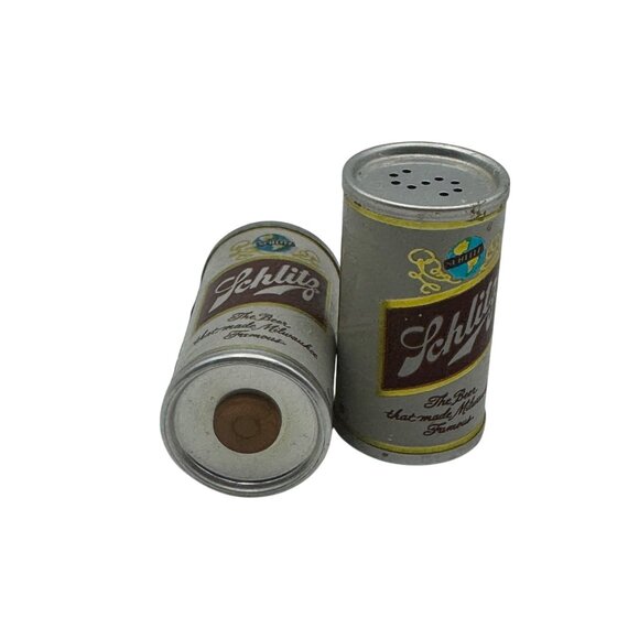 Vintage Schlitz Salt & Pepper Shaker Set Beer Can Design Collectible Metal Tin - Picture 4 of 4